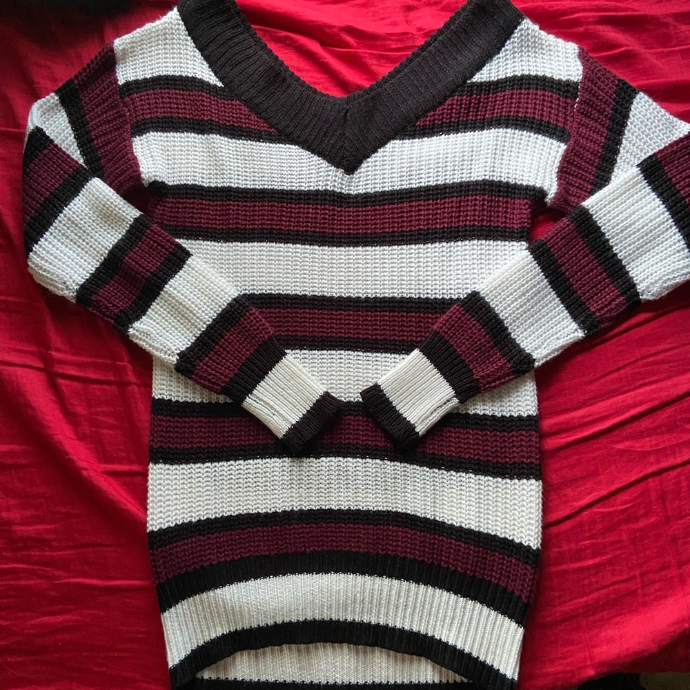 White, Maroon & Black Striped Sweater